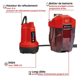 Pompe d’évacuation eaux claires sans fil GE-SP 18 Li - Capacité 5000 L/h - Profondeur d'immersion 4 m - sans batterie
