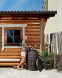Tonneau Vino 250 L Brun avec robinet PE imitation laiton et collecteur filtrant Eco gris.